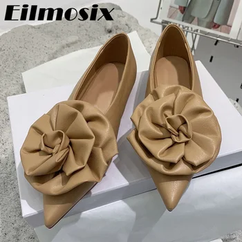 Новост пролетта 2022 г., дамски обувки на плосък ток с остър чучур във формата на рози, дамски обувки от естествена кожа с фин пръсти, дамски модни обувки Lefu