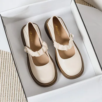 Новост пролетта 2023 г.; дамски обувки Mary Jane; Модни лоферы; бяла ежедневни кожени обувки със затворени пръсти; - Големи размери 41-43