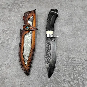 Нож от дамасской стомана с висока твърдост VG10, корона от тигрова стомана, дървена дръжка, прав нож, ловен нож за оцеляване в нощуване на открито
