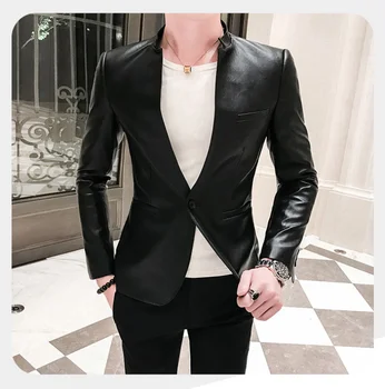Обикновен черен оборудвана сако, мъжко яке от изкуствена кожа, ежедневните бизнес блейзери за бала, мъжки корейски костюмные палто