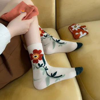 Оранжеви сладки чорапи Kawaii с флорални принтом, бродерия, Реколта градинска облекло в стил харадзюку, ретро, Чорапи за екипажа, Дамски модни дълги Чорапи и интериор в японски стил