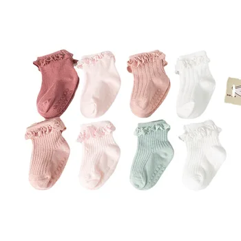 Памучни чорапи с волани и дантела за малки момичета, пролет-есен, обикновена удобни детски чорапи, нескользящие домашни чорапи