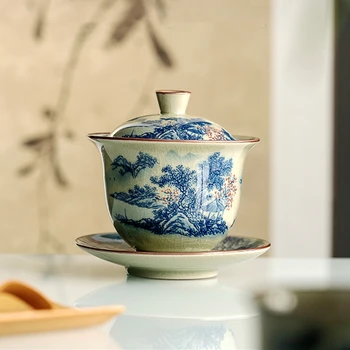 Пейзаж от керамични откриващата Гайвань за чай, супа от супник, чаена чаша, китайските чаени чаши, ретро синьо чай набор от Chawan Ceramony