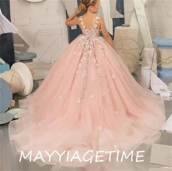 Персиково-розово тюлевое принцеса рокля, дантелени буйни рокля с цветя модел за момичета, хубава рокля за момичета за рожден Ден, рокля за сватбени партита, детско рокля
