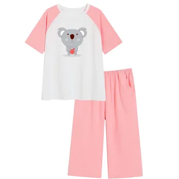 Пижамный комплект с изображение на сърцето Коали, комплекти с тениска и панталони за сън, Красива, стилна пижама, лятна памучен сладък Дрехи за почивка, Домашно облекло