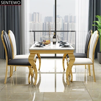 Популярният, луксозен мраморен кухненски маса за хранене с 8 места за хранене столове комплект от неръждаема стомана златна рамка, маси, стол stolik esstische