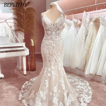 Прекрасни сватбени рокли на Русалка с цветя аппликацией 2023, сватбени рокли без ръкави с тънки спагети презрамки, сватбена рокля от тръба с отворен гръб