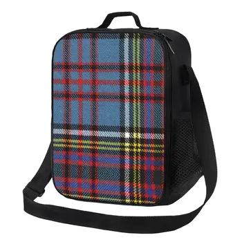 Преносими обяд полета в клетка от шотландки за жени, Фланец геометричен охладител от кариран плат, чанта за обяд от хранително-вкусовата изолация, училищна чанта за деца