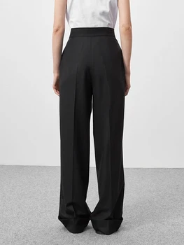 Пролет-лято черни дамски офис панталони Дамски Панталон с висока талия и джобове Женски широки плисирани панталони