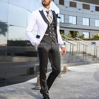 Пролетно-летния сватбен смокинг, обтягивающий бял жаккардовый черно сако с ревери + жилетка + панталони, комплект от 3 теми, бизнес блейзър за пушачи