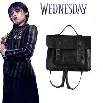 Раница за cosplay Wednesday Addams, студентски ретро чанта, училищна чанта-тоут от изкуствена кожа, аксесоари за ролеви игри на Хелоуин, карнавал, парти