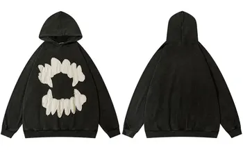 Реколта мъжки hoody с качулка Y2K в стил Гръндж, хип-хоп, разкъсно бродерия, нашивка със зъбите, градинска облекло в стил харадзюку, пънк, готик пуловер