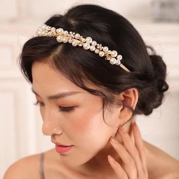 Реколта сватбена корона от златни перли и кристали, превръзка на главата на булката, дамски шапки, луксозни главоболие, украса, сватбени аксесоари за коса
