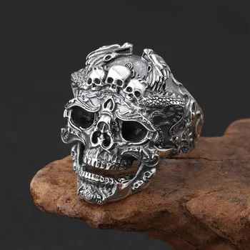 Ретро аксесоари, тайское сребърен пръстен с череп, преувеличени арогантен череп за мъже, мода декорация, тенденция мъжки пръстен