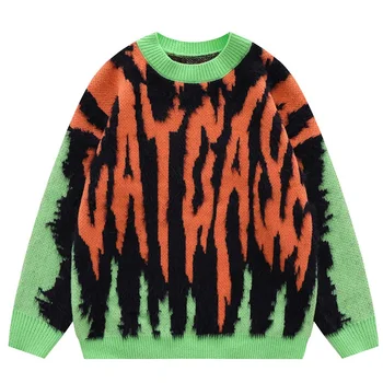Ретро зелено-оранжево вязаный пуловер Harajuku, мъжки уличен жилетка Оверсайз, пуловер, дебел пуловер, дедушкин грозен пуловер, жена