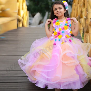 Розова бална рокля, многоцветни рокли с цветя модел за малки момичета, детски костюми за година на раждане, сватбена модна рокля по поръчка