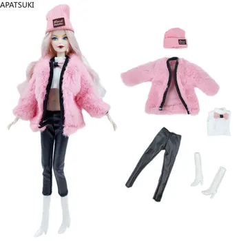 Розова кожа модерен комплект дрехи за кукли Барби, облекло за кукли 1/6, Аксесоари за кукли Барби, палта, топ, скъсяване на панталони, шапка, Обувки, Играчки