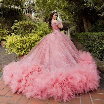 Розови буйни рокли с аппликацией от мъниста и пайети, луксозно бална рокля сладка принцеса, Vestidos De 15 Quinceañera