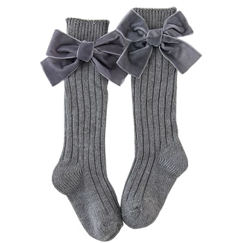 С лък, сладки домашни чорапи за малки момичета, чорапи до коляното от чесаного памук, зимни дишаща лека облекло, подарък за през цялата година