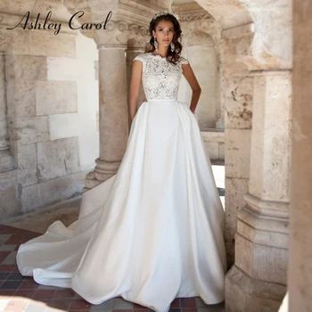 Сватбена рокля трапецовидна форма Ашли Carol 2022, атласное принцеса рокля за булката, дантелени апликации булчинска рокля с отворен гръб, Vestido De Новия