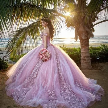 Светло розови буйни рокли с 3D цветя и отворени рамене, бална рокля, расшитое мъниста, 16 рокли на принцеси, в луксозна сватбена рокля, vestido