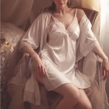 Секси комплект сатен копринени халати, Лейси пижама в стил мозайка, Женско Кимоно, Халат за баня, дамски Пролетно нощница, Спално бельо, Ежедневно Бельо