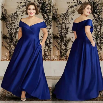 Синя рокля трапецовидна форма за майката на булката, плюс Размера на атласное рокля с V-образно деколте и открити рамене, сватбена рокля за гости с джобове