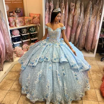 Скай-Синя бална рокля с открити рамене, Многоцветни апликации от мъниста, 3DFlower, пищни Принцеса рокля Sweet 16, Vestidos De