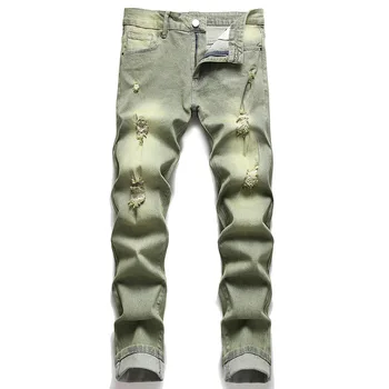 Скъсани Приталенные мъжки дънки, Летни Директни дънкови панталони-участък, Ежедневни Травянисто-зелени панталони ал Hombre Vaqueros