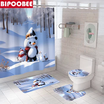 Сладък Снежен човек, Капак за тоалетна, противоскользящий килим, Весела Коледна завеса за душ, душ за баня, комплект постелки за баня, постелки за домашен декор