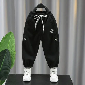 Спортни панталони за момчета, колекция от 2023 година, пролетно-есенни модни детски панталони, обикновен черно-сиви свободни ежедневни дълги панталони за момчета 90-140 см