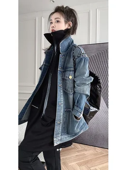 Стилно голямо джинсовое палто от выстиранной плат за тежки условия на работа, жена свободното си лек слой от премиум-клас в зряла стил, пролет-есен