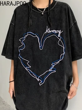 Тениски Harajpoo, женствена бродерия с надпис Love, реколта Свободни ежедневни Блузи с кръгло деколте и къс ръкав, графични върховете 2022, лятна дамски дрехи
