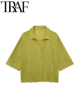 ТРАФИКА на Годишна модни и ежедневни дамски Блуза с V-образно деколте и ръкав три четвърти, Однобортная свободна риза, Ретро жена топ Оверсайз 2023