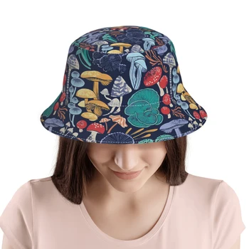 Тъмно син фон Разноцветни Горски гъби Рибарска шапка с абажуром, шапки-кофи, хип-хоп, жени, Мъже, Аксесоари за къмпинг