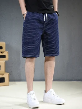 Тънки дънкови къси панталони с еластичен ластик на талията и шнурком, мъжки дънкови къси панталони с голям размер, свободни стрейчевые шорти XL 5XL 6XL 7XL