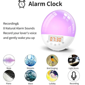 Умен Будилник Wake Up Light, 6 цвята, нощни лека нощ с имитация на изгрева на слънцето, Управление на глас / приложение, функция за повторение