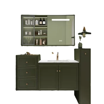 Умен огледален шкаф, богат на функции за баня, цвят на авокадо, зелен, комплект шкафове за баня, мивка, каменна печка, плот
