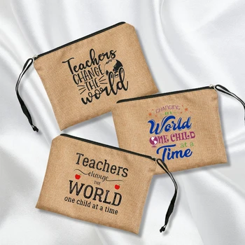 Учител, което променя света, в ленена торбичка, органайзер за тоалетни принадлежности, подарък на учител в училище, косметичка за жени, необходима косметичка за грим