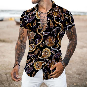 Хавайски мъжки плажна риза, мъжка мода и ежедневния топ с принтом индивидуалност, къс ръкав, приталенная ежедневни официално облекло, Хавайски ризи