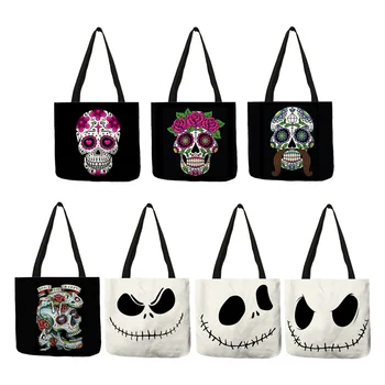 Чанта-тоут с цветен модел на черепа, Ден на мъртвите, чанти за Хелоуин за жени, торби за многократна употреба за пазаруване, пътни чанти, двустранен принт