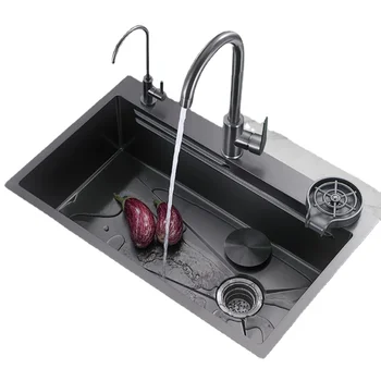 Черна кухненска наномойка от неръждаема стомана 304 Голяма Единична Домакински Мивка за измиване на зеленчуци
