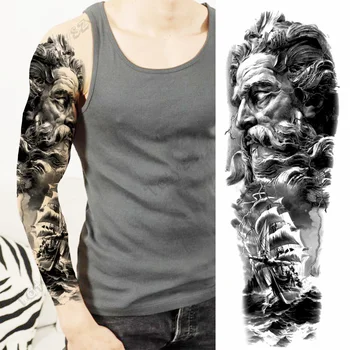 Черни временни татуировки с дълъг ръкав за мъже и жени, Пиратски кораб, череп, Компас, Шипове във формата на рози, фалшива татуировка, стикер на ръка, Татуировки 3D