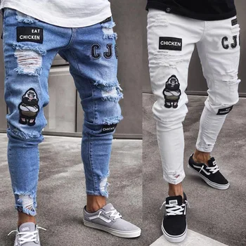 Черни, сини, бели на цвят, размер S-3xl на избор, пролетни мъжки дънки-скинни с модерни бродерии, скъсани панталони с завязками на щиколотке 2023