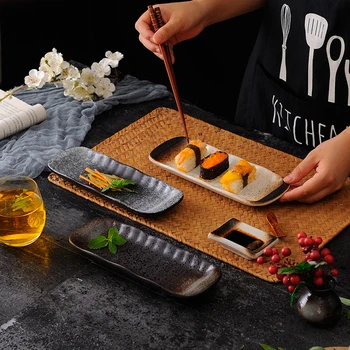 чиния за суши 9,5 инча, правоъгълна керамични плоска чиния японската кухня, домашно приготвена табела за дим-самов, чиния пържола в западен ресторант
