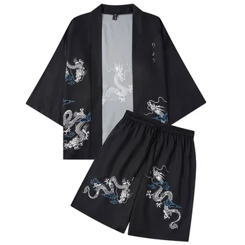Японски жилетка за жени и мъже, дрехи юката за cosplay в стил харадзюку, черни къси панталони-кимоно с принтом на китайския дракон в ретро стил, комплекти