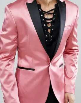 Ярко розово случайни модерен мъжки яке West fit, монтиране на фигурата, черно + цветни панталони, 2 броя, сватбен костюм на младоженеца за бала Homme (яке + панталон